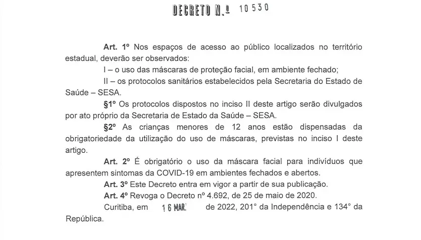 Decreto estadual nº 10.530 retira a obrigatoriedade do uso de máscara no Paraná