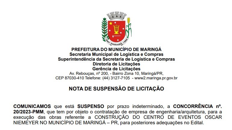 Prefeitura de Maringá suspende licitação do Centro de Eventos Oscar Niemeyer. Imagem: Reprodução