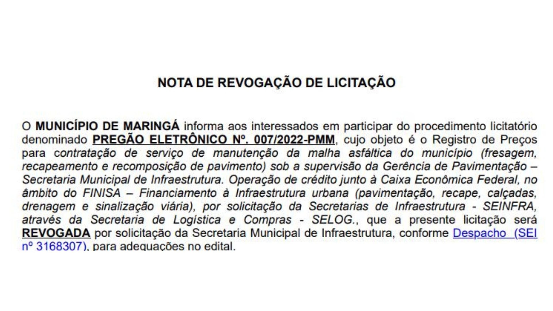 Licitação de mais de R$ 80 milhões que previa recape asfáltico em Maringá é revogada | Imagem: Reprodução