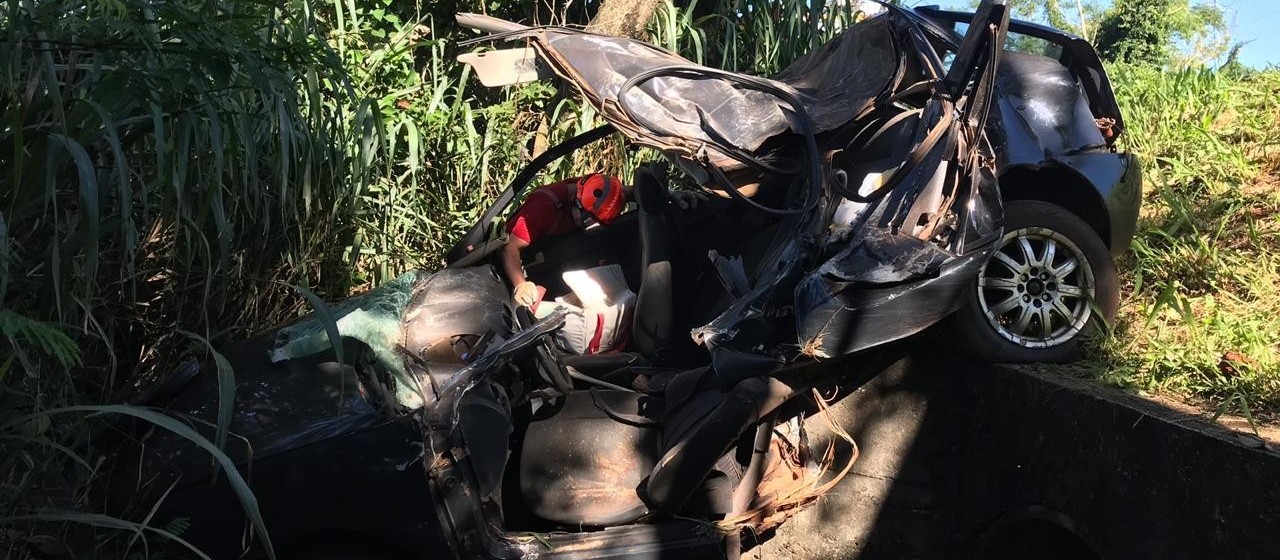 Motorista morre e passageira fica ferida após carro bater em árvore