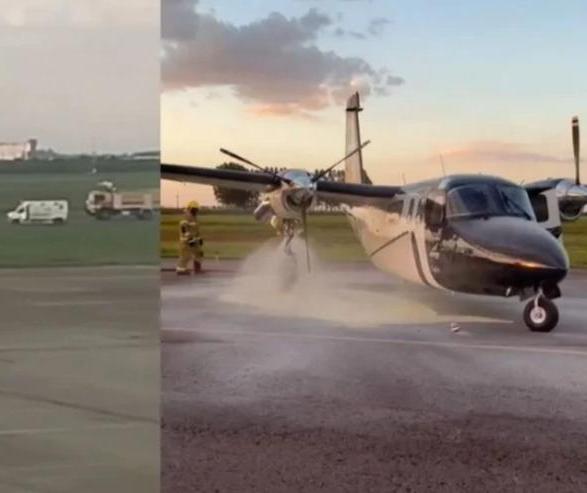 Avião de pequeno porte pega fogo após pouso no aeroporto de Maringá