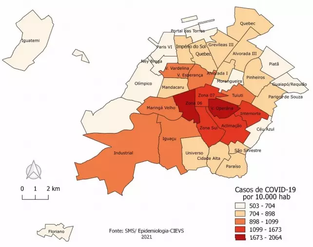 Incidência de casos de covid-19 por região de UBS. Fonte: Secretaria Municipal de Saúde