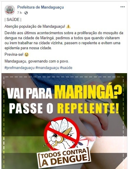Post feito nessa terça-feira (9) pela Prefeitura de Mandaguaçu e que posteriormente foi excluído da fanpage. Foto: Reprodução/Facebook