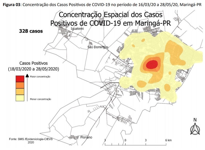 Concentração dos Casos Positivos de COVID-19 no período de 16/03/20 a 28/05/20, Maringá-PR - Fonte: Secretaria de Saúde 