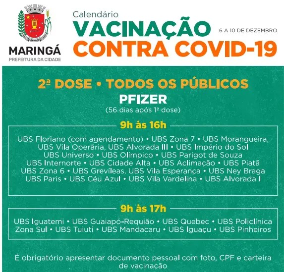 Cronograma de 2ª dose da Pfizer. Fonte: PMM