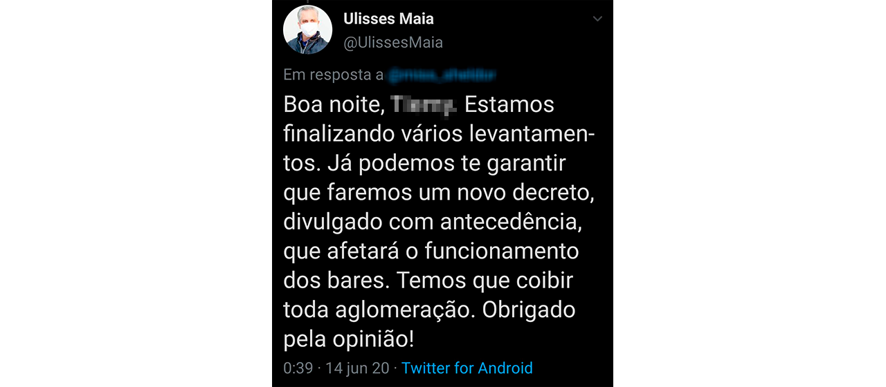 Publicação de Ulisses Maia no Twitter