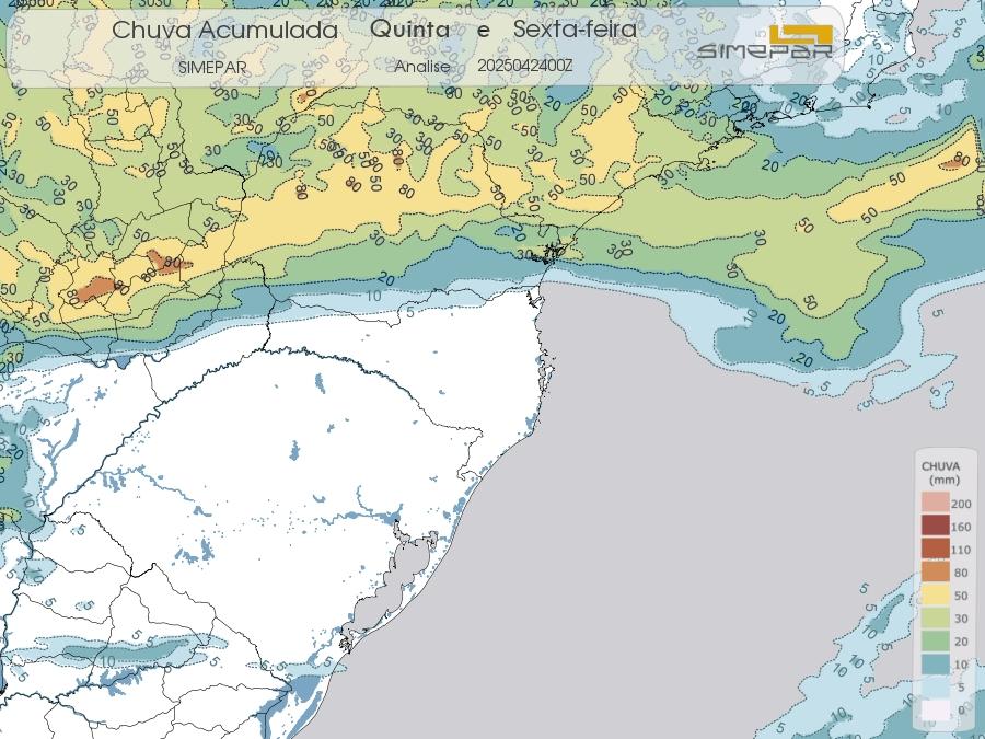 Acumulado de chuva previsto entre esta quinta (24) e sexta-feira (25) no Paraná. | Fonte: Simepar