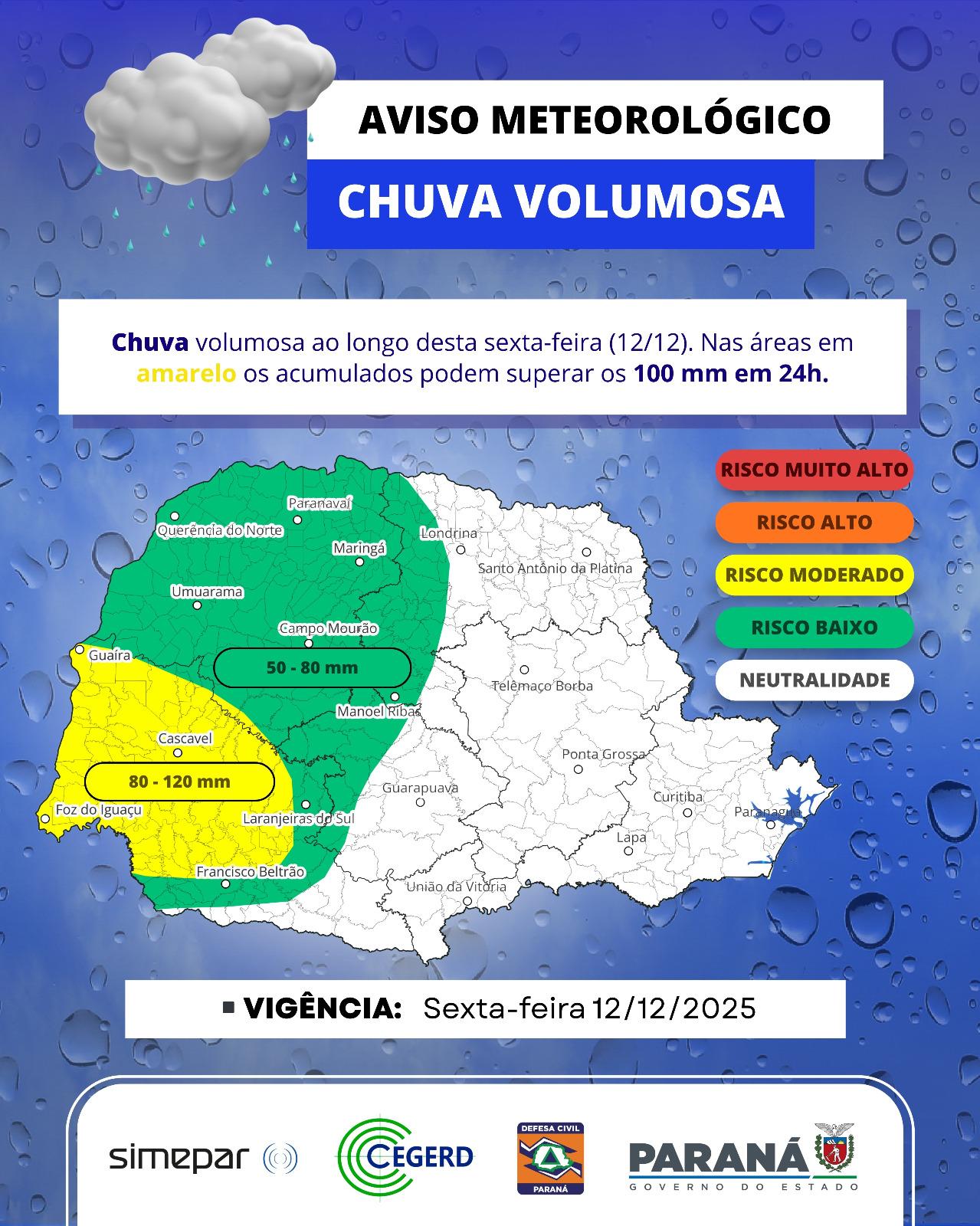 Nesta sexta, os maiores volumes de chuva devem se concentrar na região oeste do estado, incluindo as cidades de Cascavel, Foz do Iguaçu e Guaíra. | Fonte: Simepar