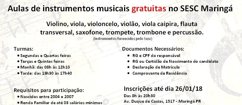 Sesc oferece aulas gratuitas de instrumentos musicais