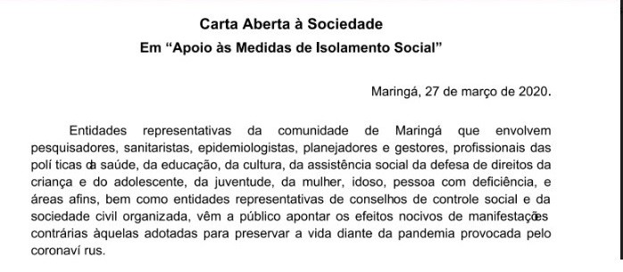 Quase 50 entidades apoiam medidas de isolamento social em Maringá