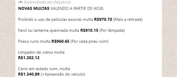 Mensagem que circula no WhatsApp com novos valores de multas de trânsito é falsa