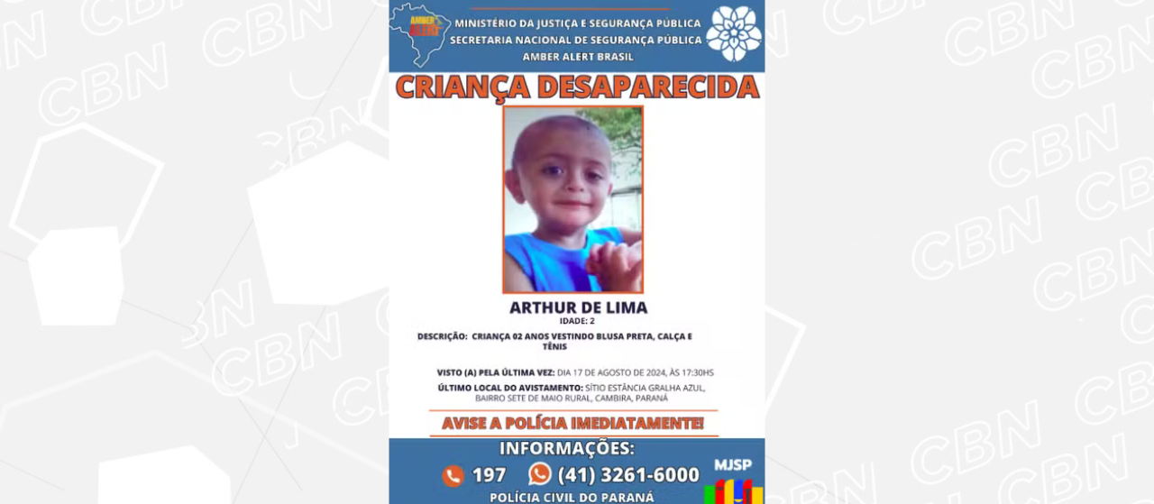 Alerta Amber é utilizado pela primeira vez no Paraná para localizar criança de Cambira