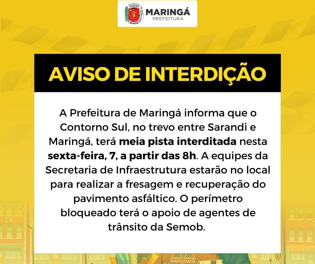 Contorno Sul tem interdição parcial nesta sexta-feira (7) para reparos na pista