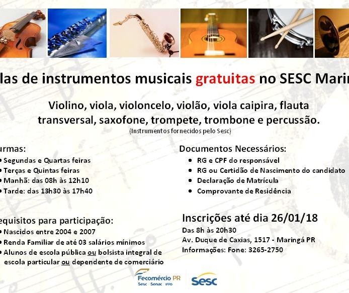 Sesc oferece aulas gratuitas de instrumentos musicais