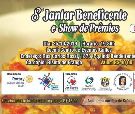 Rotary Club promove jantar beneficente para ajudar quatro entidades 