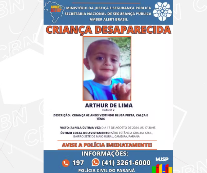 Alerta Amber é utilizado pela primeira vez no Paraná para localizar criança de Cambira
